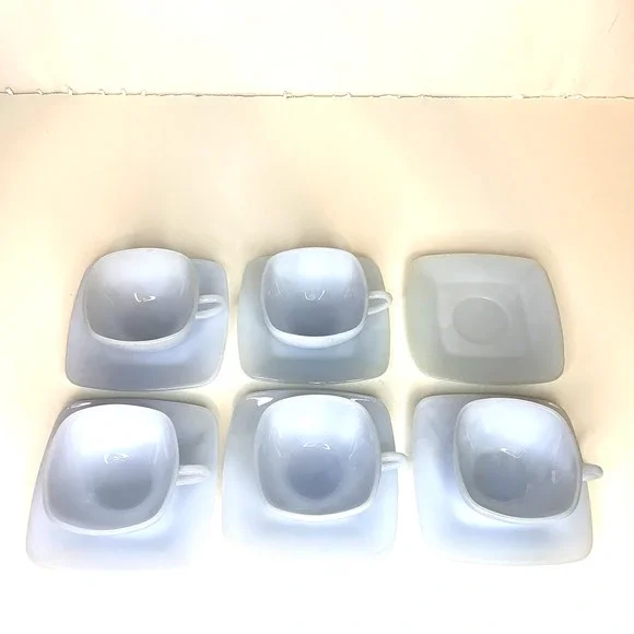 SET 5 FIRE KING AZURE BLUE CHARM AZURITE DELPHITE MILK GLASS SQUARE CUP SAUCERS - Picture 3 of 9